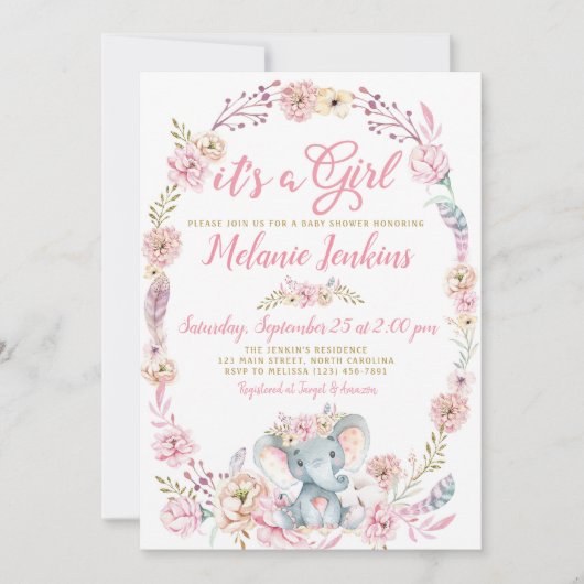 ガールエレファントベビーシャワーフローラ招待状 招待状 (正面)