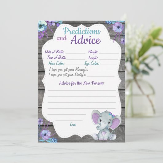 ガールエレファントベビーシャワー予測アドバイスカード 招待状 (スタンド正面)