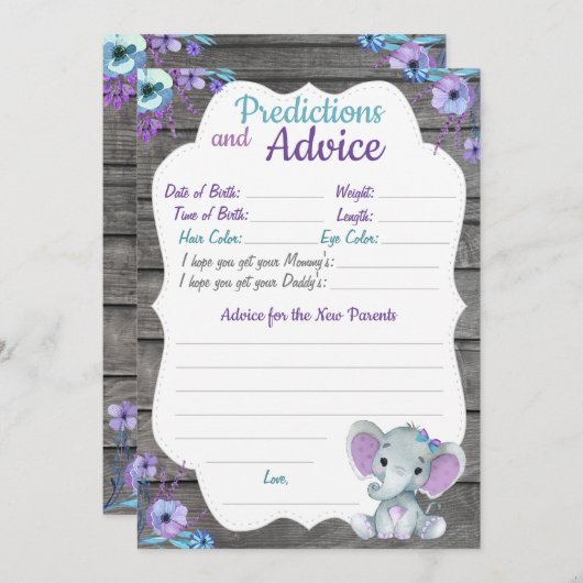 ガールエレファントベビーシャワー予測アドバイスカード 招待状 (正面/裏面)