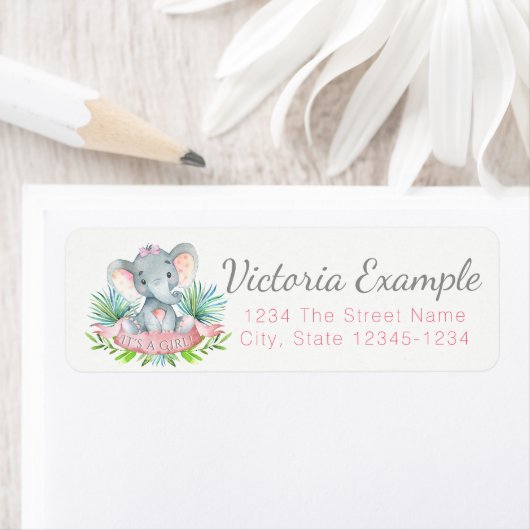 ガールエレファントベビーシャワー差出人住所ラベル ラベル (インサイチュ)