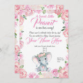 ガールエレファントベビーシャワー招待状バラピンク 招待状 (正面/裏面)