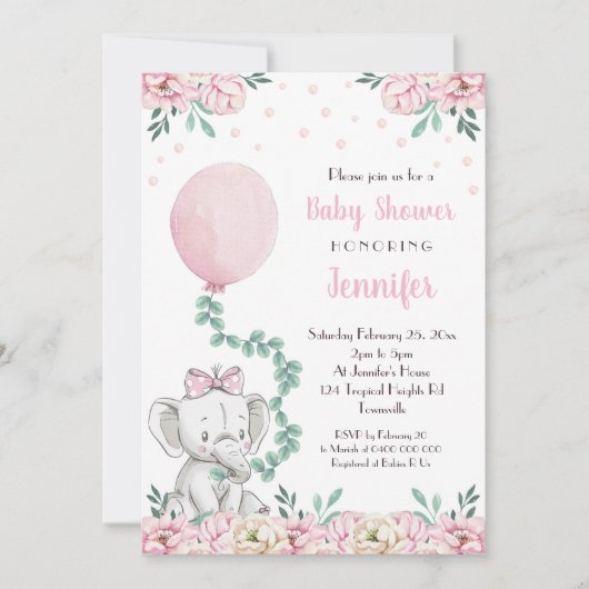 ガールエレファントベビーシャワー招待状バルーン 招待状 (正面)