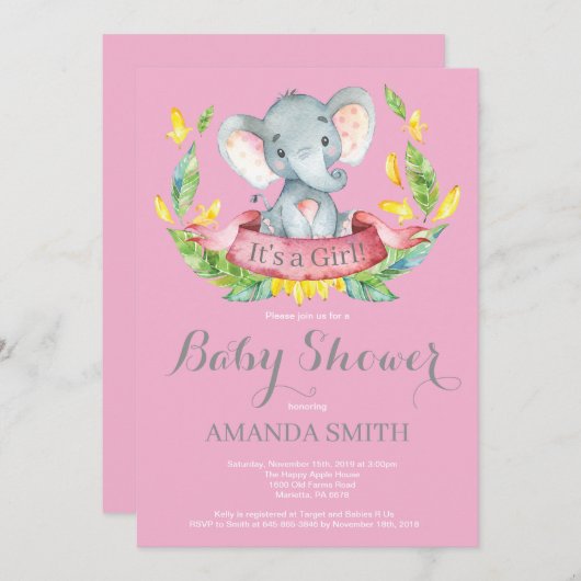 ガールエレファントベビーシャワー招待状ピンクとグレー 招待状 (正面/裏面)