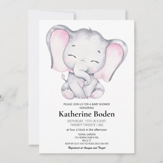 ガールエレファントベビーシャワー招待状 (正面)