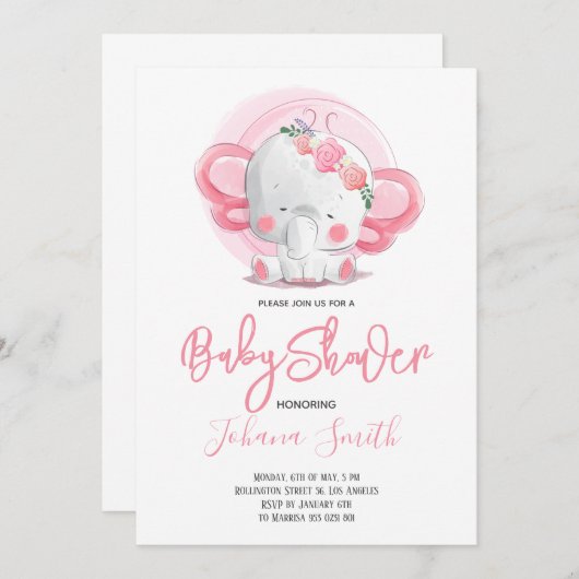 ガールエレファントベビーシャワー招待状 招待状 (正面/裏面)