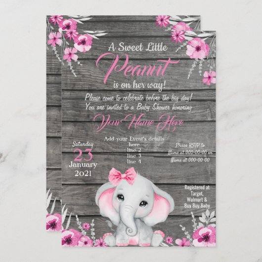 ガールエレファントベビーシャワー招待状、田舎風、ピンク 招待状 (正面/裏面)