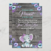 ガールエレファントベビーシャワー招待状、素朴、ティール(緑がかった色) 招待状 (正面/裏面)