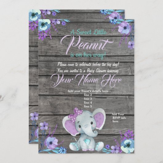 ガールエレファントベビーシャワー招待状、素朴、ティール（緑がかった色） 招待状 (正面/裏面)