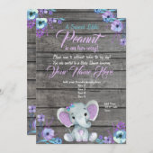 ガールエレファントベビーシャワー招待状、素朴、ティール（緑がかった色） 招待状 (正面/裏面)