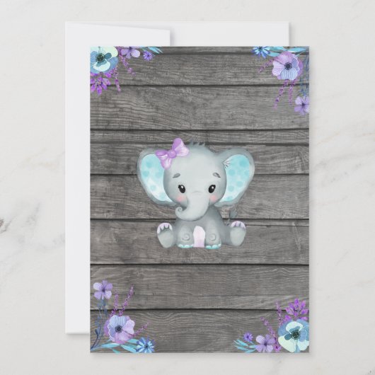 ガールエレファントベビーシャワー招待状、素朴、ティール（緑がかった色） 招待状 (裏面)