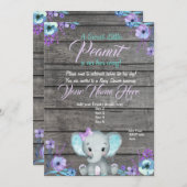 ガールエレファントベビーシャワー招待状、素朴、ティール（緑がかった色） 招待状 (正面/裏面)