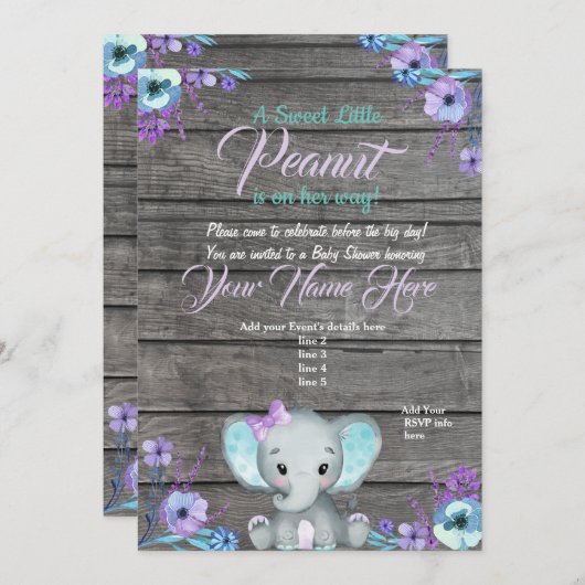 ガールエレファントベビーシャワー招待状、素朴、ティール（緑がかった色） 招待状 (正面/裏面)