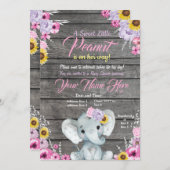 ガールエレファントベビーシャワー、ピンク紫色の黄色 招待状 (正面/裏面)