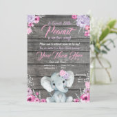 ガールエレファントベビーシャワー、素朴、ピンクの紫 招待状 (スタンド正面)
