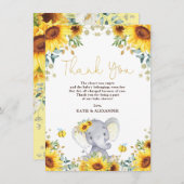ガールエレファントボホヒマワリーグリーンベビーシャワー サンキューカード (正面/裏面)