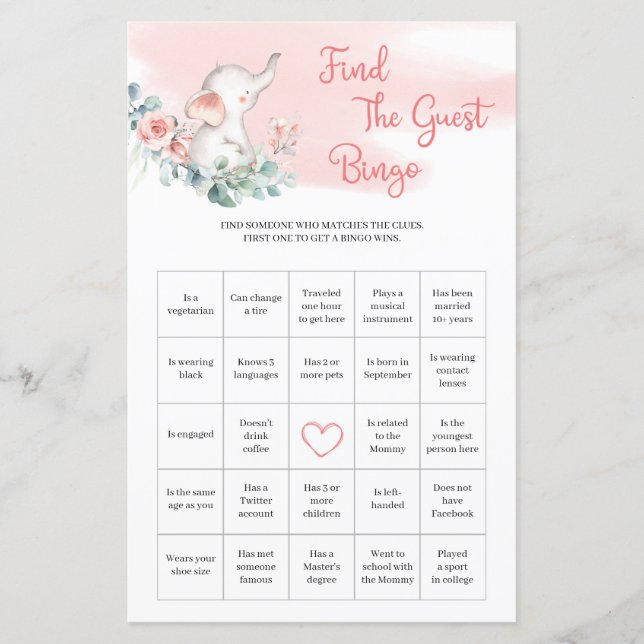 ガールエレファントユーカリプトゥスゲストビンゴゲームを見つける (正面)