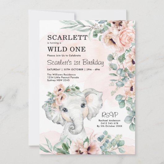 ガールエレファント1st誕生日赤面フローラユーカリ 招待状 (正面)