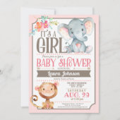 ガールエレファント&モンキーベビーシャワー招待状 招待状 (正面)
