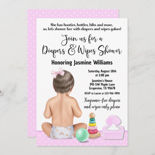 ガールオムツ&ワイプベビーシャワー招待状 招待状 (正面/裏面)