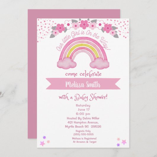 ガールオンザウェイレインボーベビーシャワー招待状 招待状 (正面/裏面)
