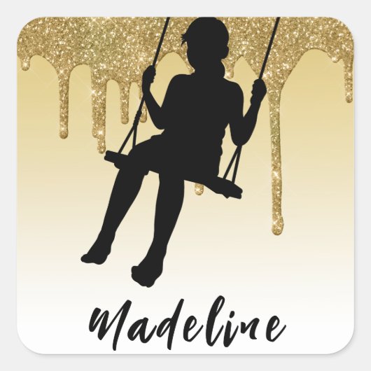 ガールオンスイング金ゴールドグリッタードリップグラデーション スクエアシール (正面)