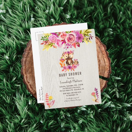 ガールオータムベビーシャワーウッドランド動物 インビテーションポストカード