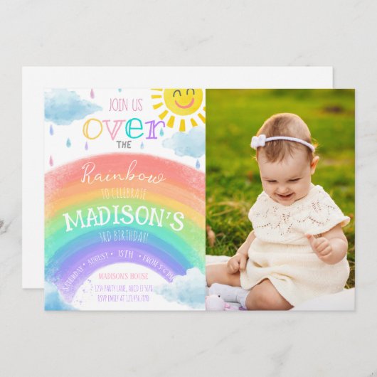 ガールオーバーザレインボーカラフル誕生日写真 招待状 (正面/裏面)