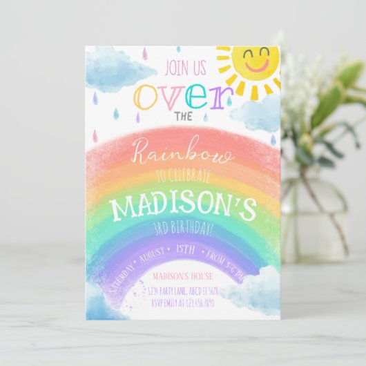 ガールオーバーザレインボーカラフル誕生日 招待状 (スタンド正面)
