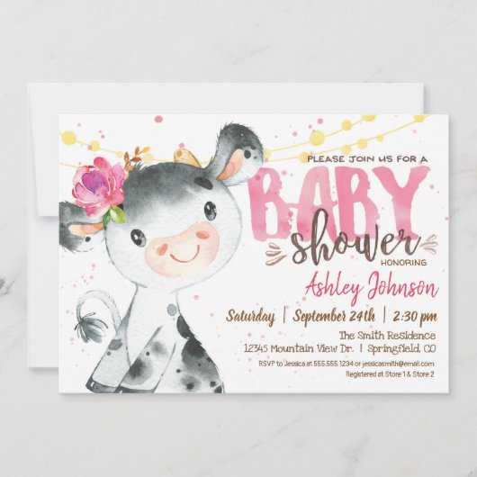 ガールカウベビーシャワー招待，ピンクファーム 招待状 (正面)