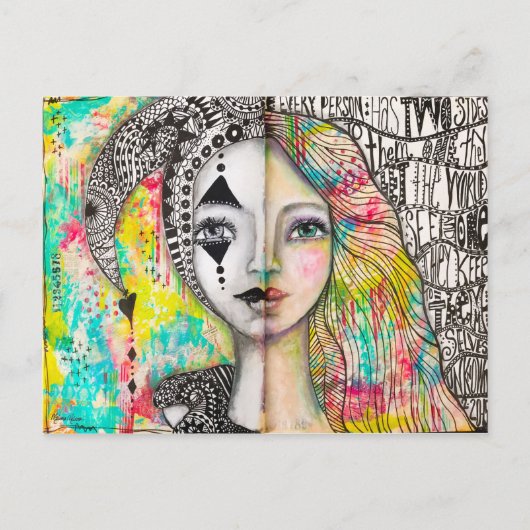 ガールカラフルジェスター白黒おもしろいお洒落アート ポストカード (正面)