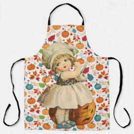 ガールカービングアップルとパンプキカラフルンハロウィーン エプロン