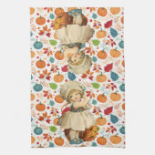 ガールカービングアップルとパンプキカラフルンハロウィーン キッチンタオル (縦)