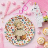 ガールカービングアップルとパンプキカラフルンハロウィーン ペーパープレート (パーティー)