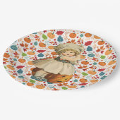 ガールカービングアップルとパンプキカラフルンハロウィーン ペーパープレート (アングル)