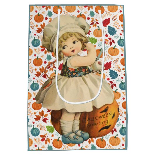 ガールカービングアップルとパンプキカラフルンハロウィーン ミディアムペーパーバッグ (裏面)