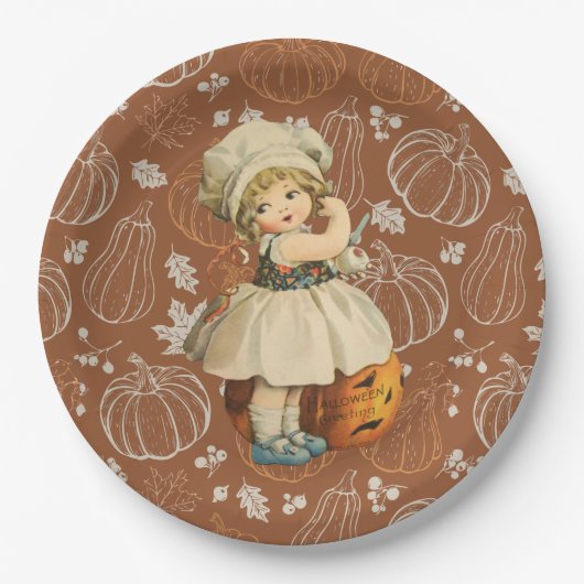 ガールカービングアップルハロウィーン ペーパープレート (正面)