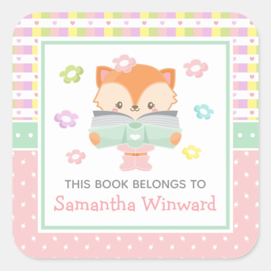 ガールキツネピンク&グリーンキッズ蔵書票 スクエアシール (正面)