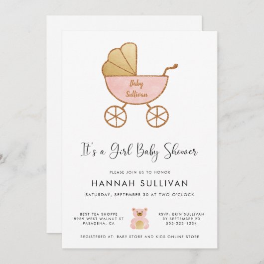 ガールキャリッジピンクの金ゴールド水色シャワー 招待状 (正面/裏面)