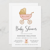 ガールキャリッジピンク金ゴールド水色シャワー 招待状 (正面/裏面)