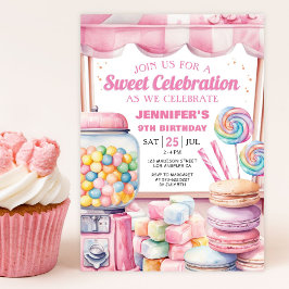 ガールキャンディランドレトロピンクスイーツバースデーパーティー 招待状