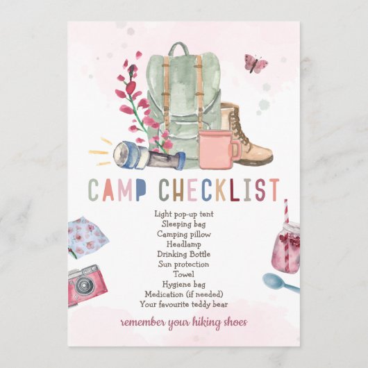 ガールキャンプパーティの招待状キャンプアウト誕生日 プログラム (裏面)