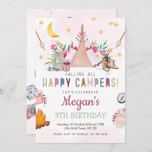 ガールキャンプパーティの招待状キャンプアウト誕生日 プログラム (正面/裏面)