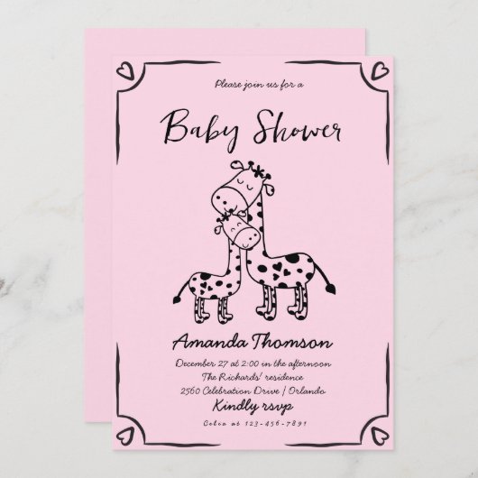 ガールキリン手引き赤ちゃんシャワー 招待状 (正面/裏面)