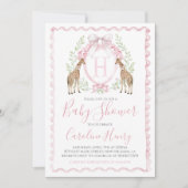 ガールキリン赤ちゃんシャワーピンク名門私立校風のギンガム 招待状 (正面)