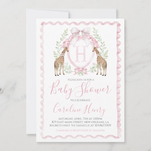 ガールキリン赤ちゃんシャワーピンク名門私立校風のギンガム 招待状 (正面)