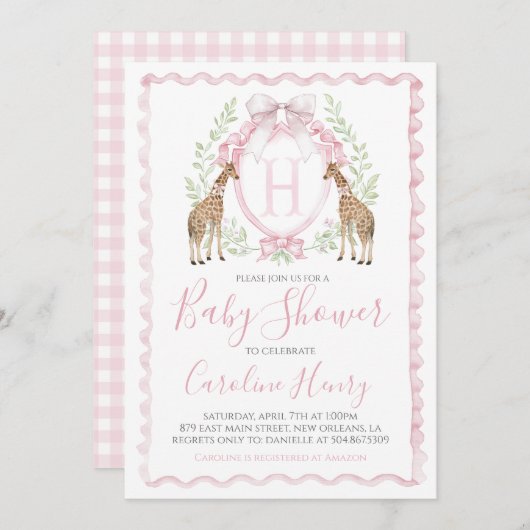 ガールキリン赤ちゃんシャワーピンク名門私立校風のギンガム 招待状 (正面/裏面)