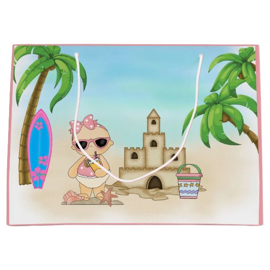 ガールクールビーチベビーとサンドキャッスルアンドサーフボード ラージペーパーバッグ (正面)