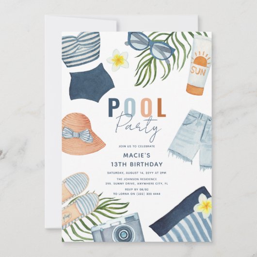 ガールクールプールパーティー誕生日招待状 招待状 (正面)
