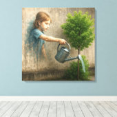 ガールグラフィティ市の木に水をやる キャンバスプリント (インサイチュ (ウッドフロア))