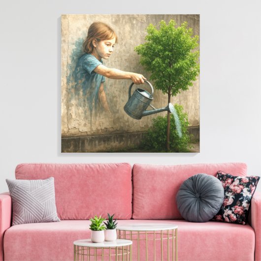 ガールグラフィティ市の木に水をやる キャンバスプリント (インサイチュ (リビング))